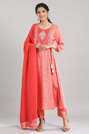 Peach Floral Print kurta-Palazzo-Drape Set