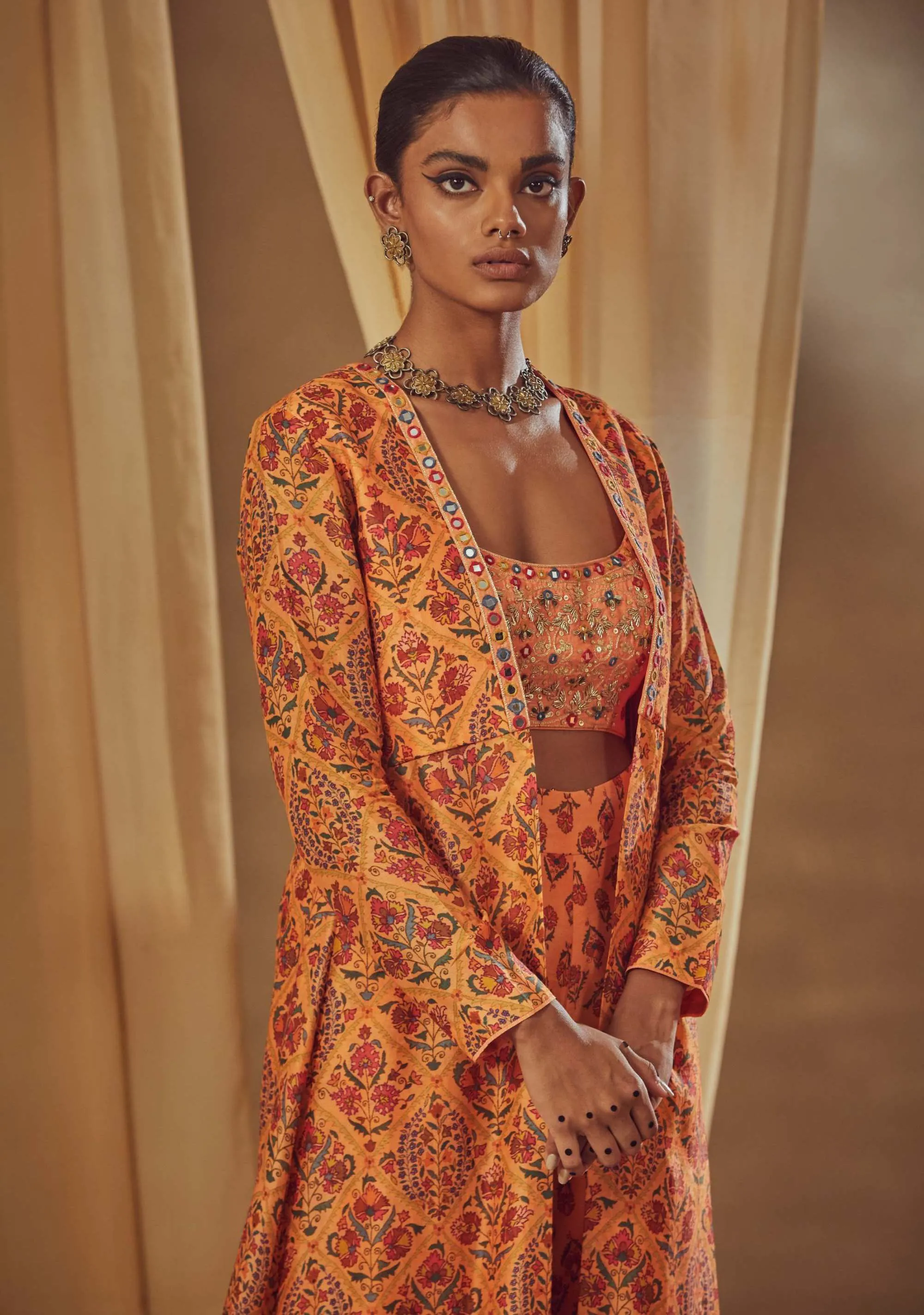 Peach Printed Jacket With Bustier And Flared Pant