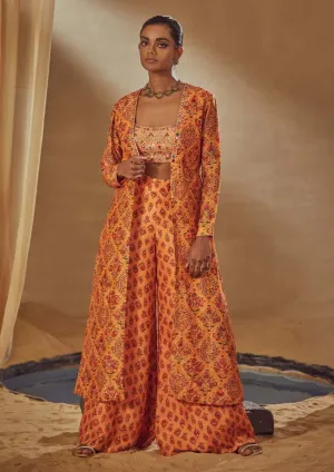 Peach Printed Jacket With Bustier And Flared Pant
