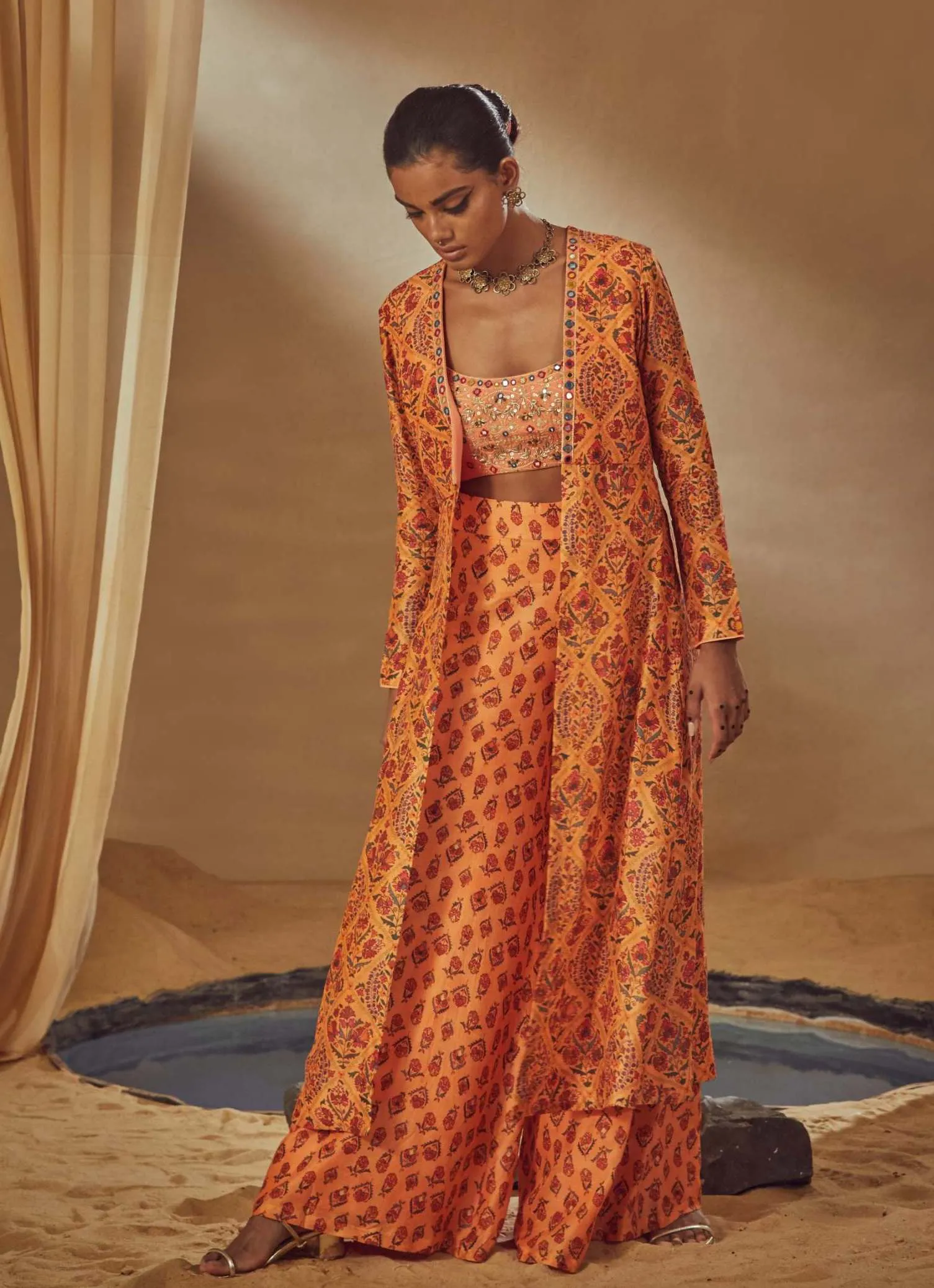 Peach Printed Jacket With Bustier And Flared Pant