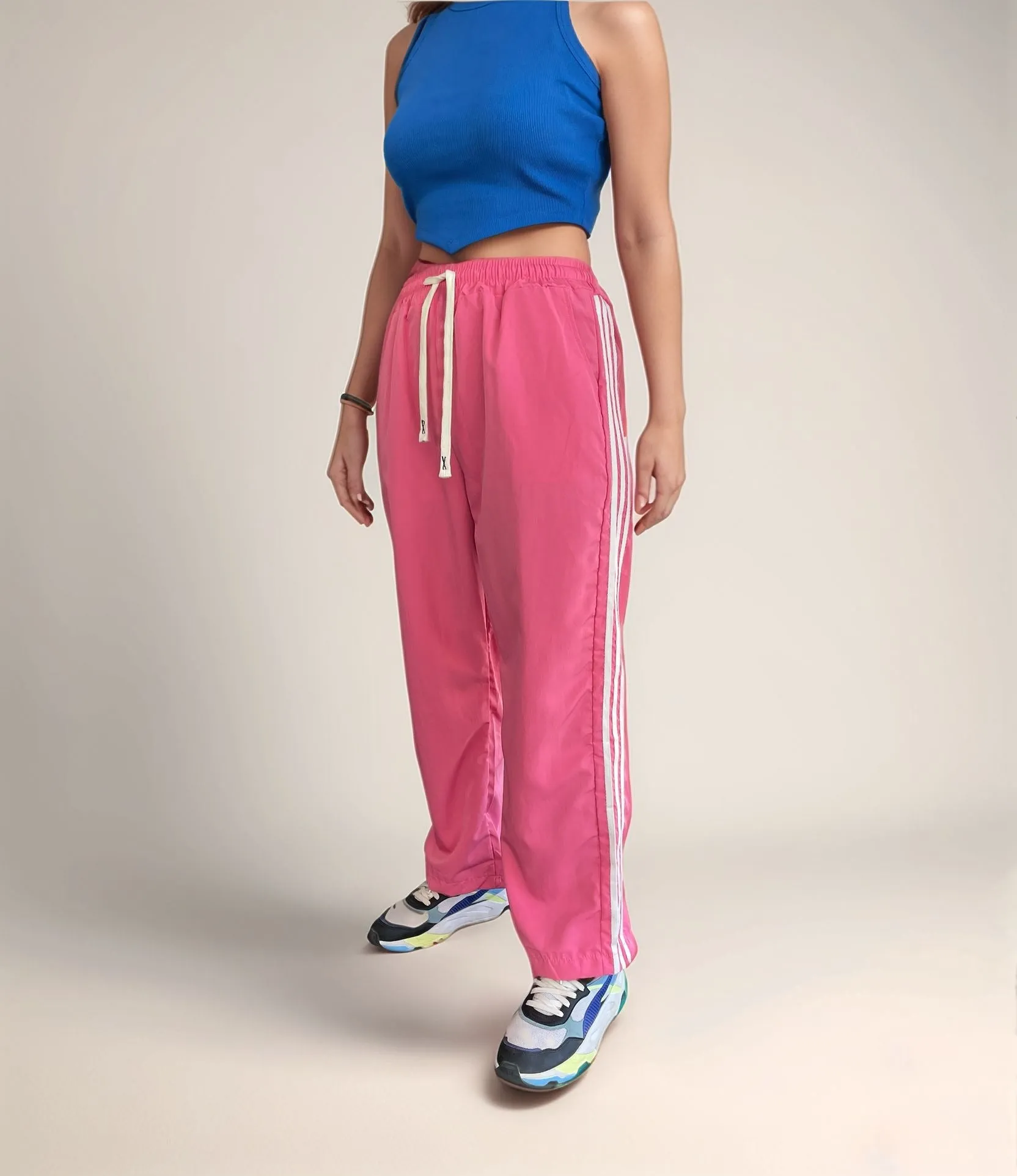 Pink Contrast Striped Wide Leg Joggers
