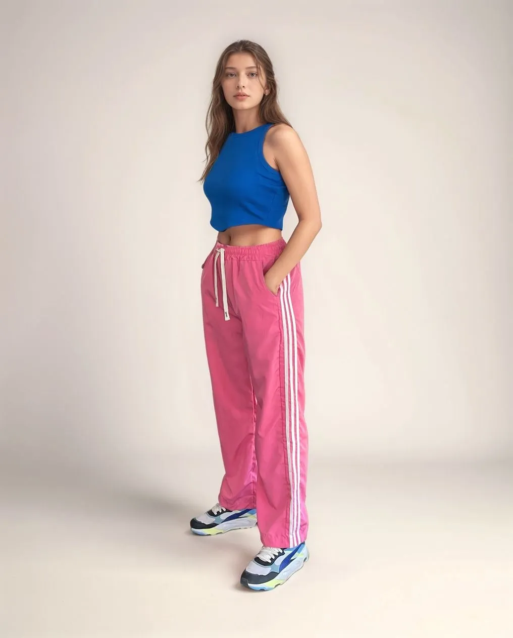 Pink Contrast Striped Wide Leg Joggers