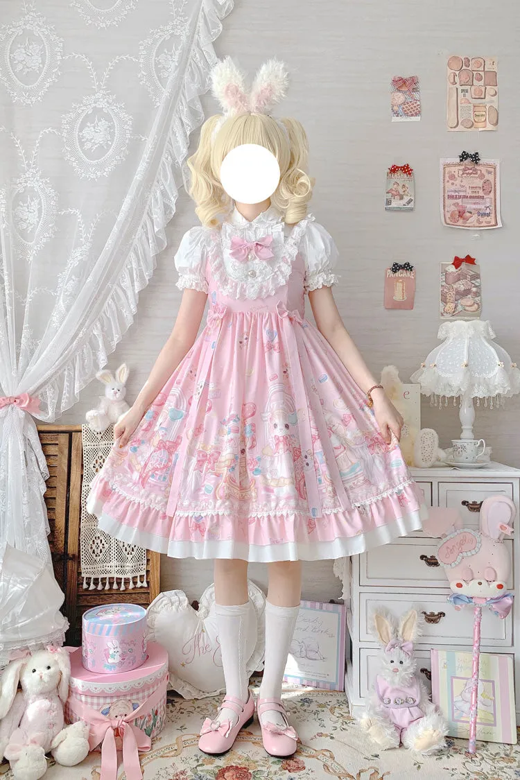 Pink Cute Cat Print High Waisted Ruffle Bowknot Sweet Princess Lolita JSK Dress