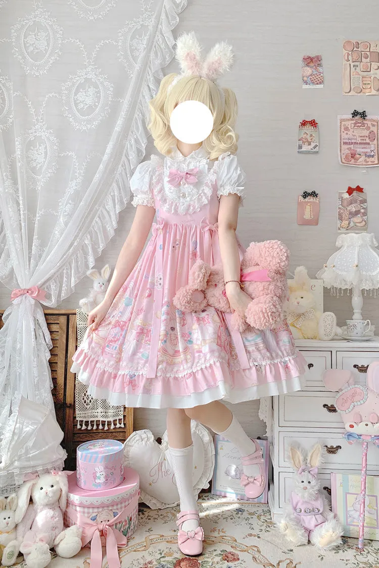 Pink Cute Cat Print High Waisted Ruffle Bowknot Sweet Princess Lolita JSK Dress
