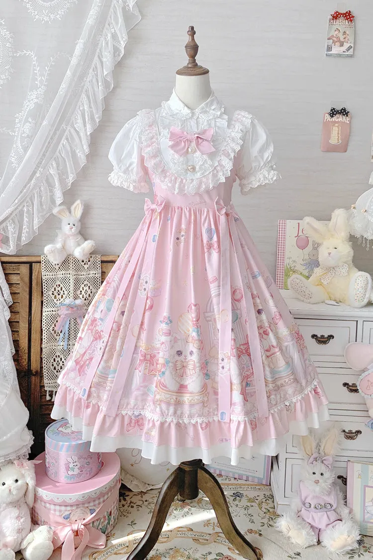 Pink Cute Cat Print High Waisted Ruffle Bowknot Sweet Princess Lolita JSK Dress