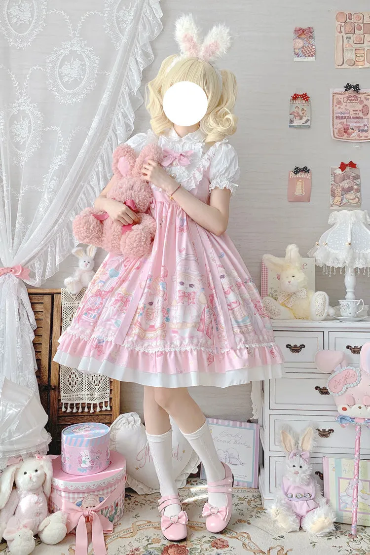 Pink Cute Cat Print High Waisted Ruffle Bowknot Sweet Princess Lolita JSK Dress