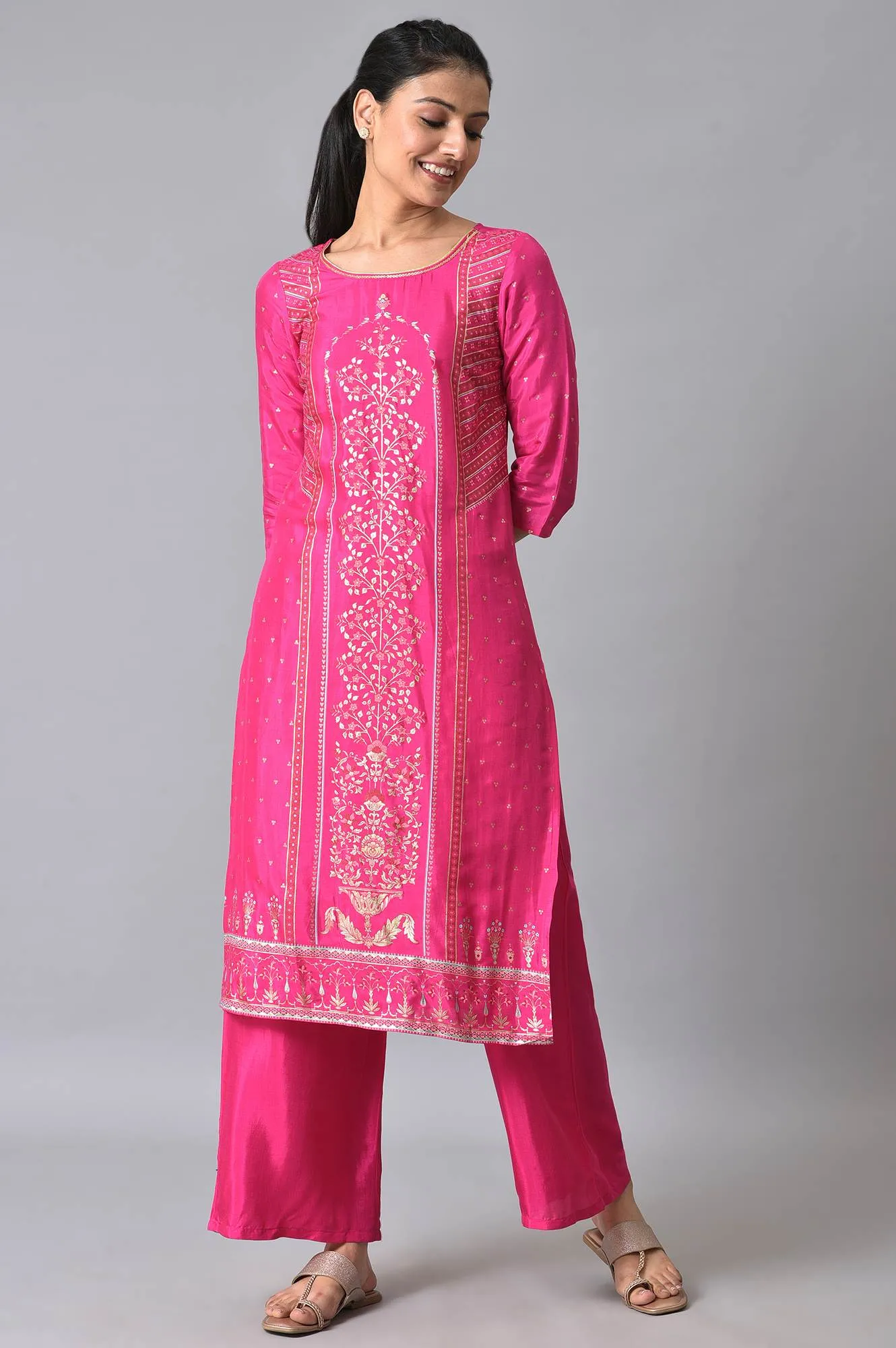 Pink Printed Ethnic Kurta With Palazzo