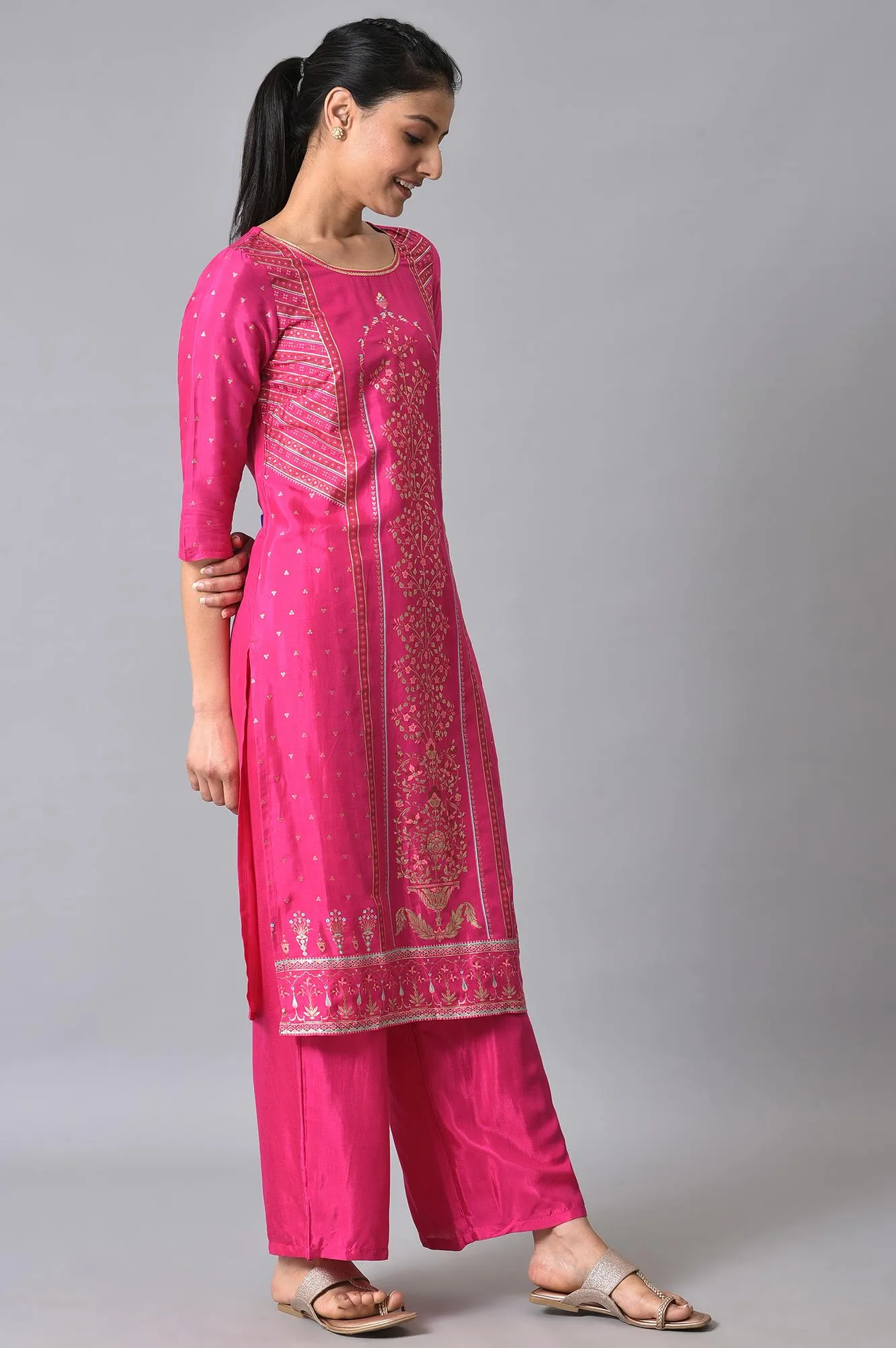 Pink Printed Ethnic Kurta With Palazzo