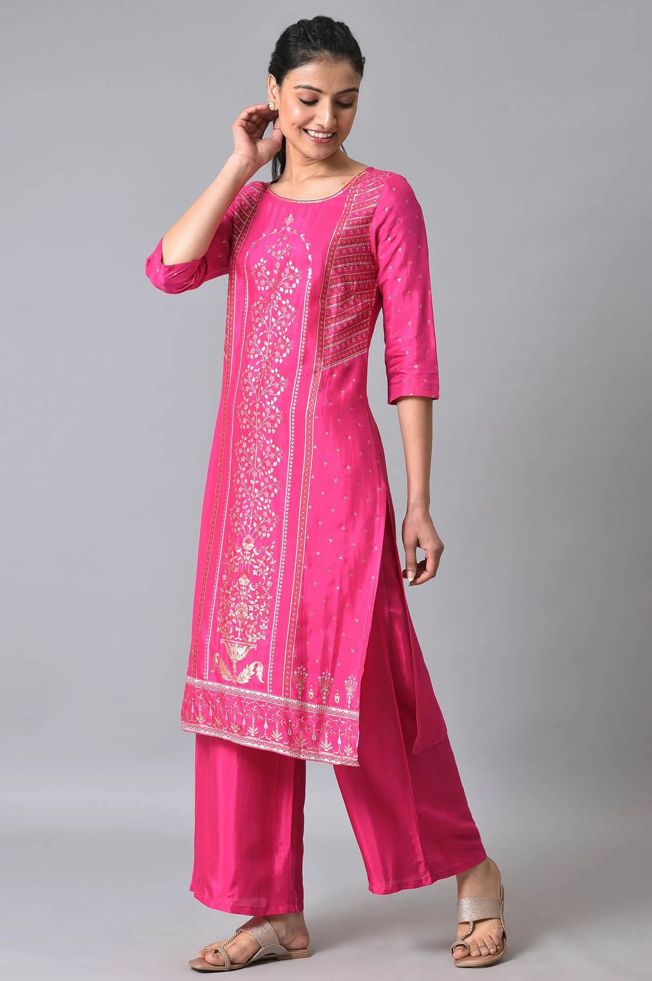 Pink Printed Ethnic Kurta With Palazzo