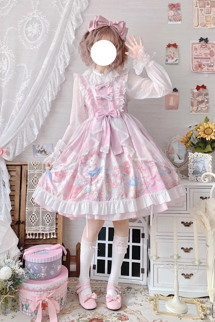 Pink Sleeveless High Waisted Rabbit Print Ruffle Bowknot Sweet Lolita Jsk Dress