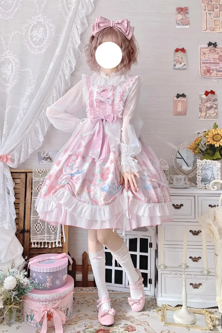 Pink Sleeveless High Waisted Rabbit Print Ruffle Bowknot Sweet Lolita Jsk Dress