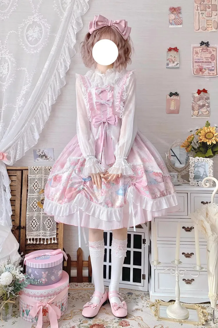 Pink Sleeveless High Waisted Rabbit Print Ruffle Bowknot Sweet Lolita Jsk Dress