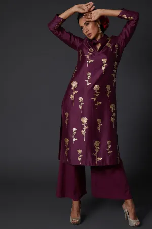 Plum Block Printed Kurta With Palazzo