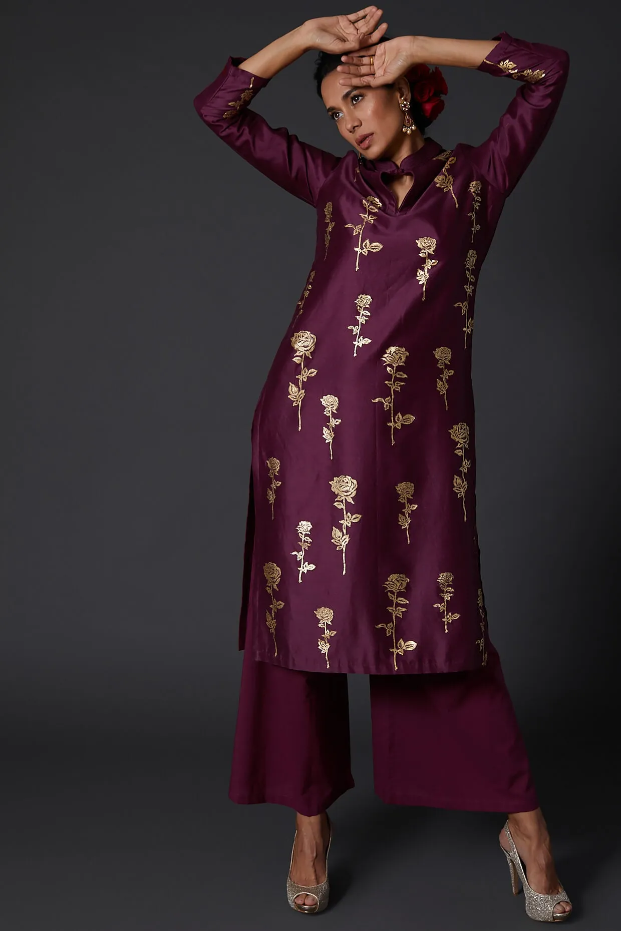 Plum Block Printed Kurta With Palazzo