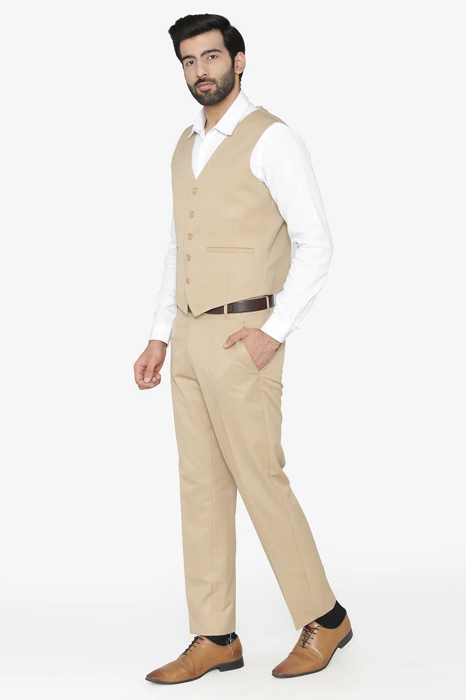 Polyester Cotton Beige Vest and Pant Set