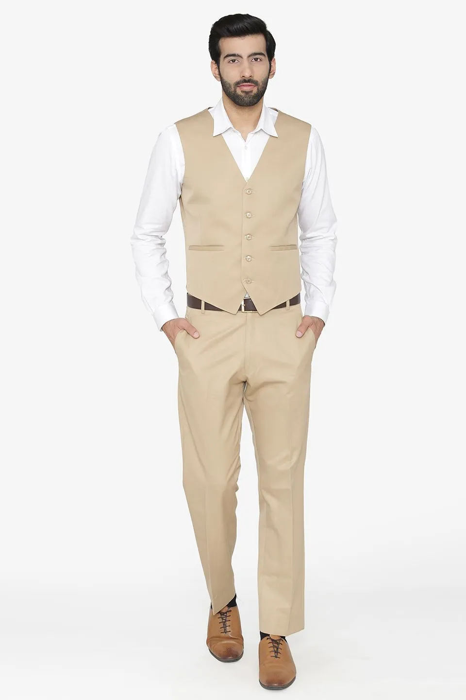 Polyester Cotton Beige Vest and Pant Set