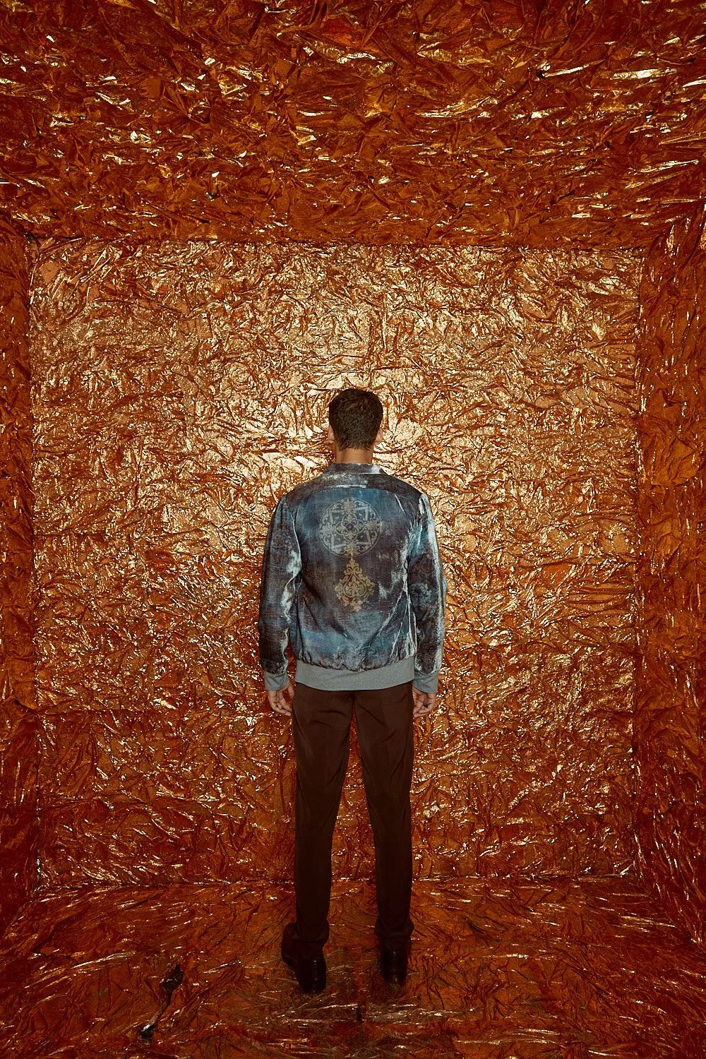 Printed Velvet Bomber Jacket and Brown Micro Pants with Zip Detail