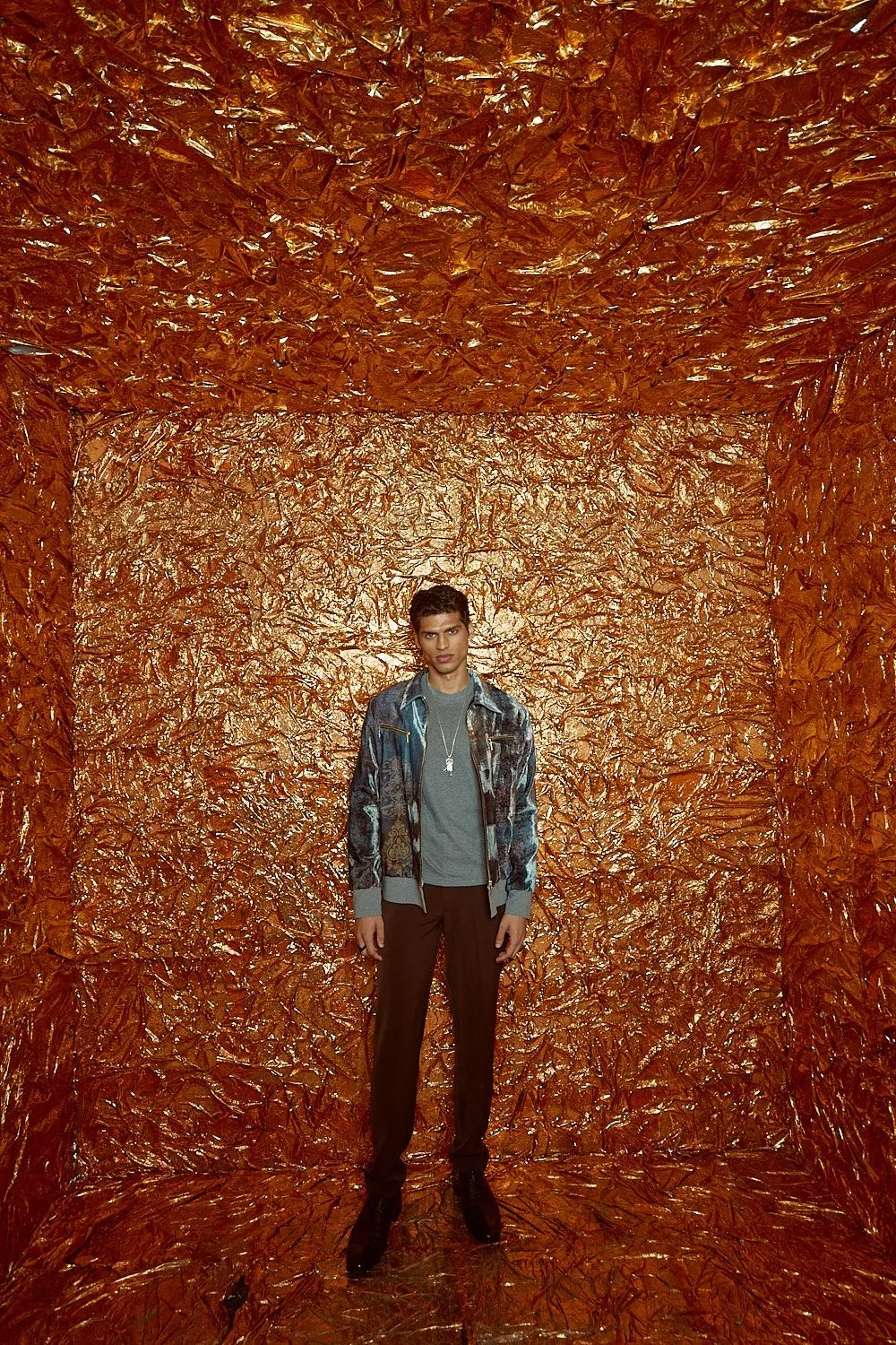 Printed Velvet Bomber Jacket and Brown Micro Pants with Zip Detail