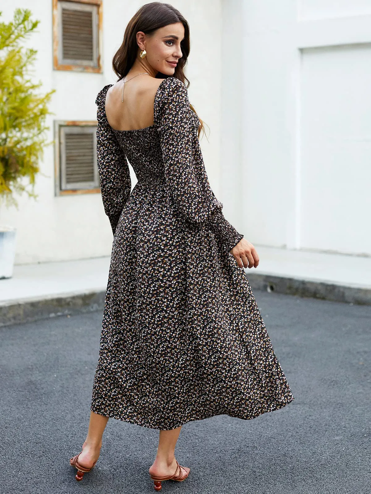 Puffy High-Waisted Floral Dress
