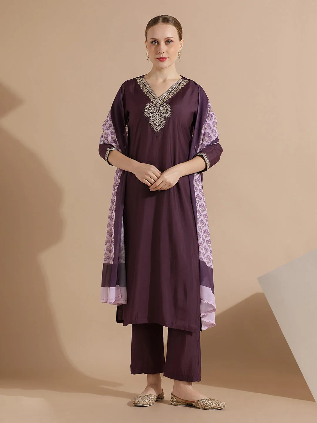 Purple Festive Embroidered Silk Blend Kurta Set With Printed Dupatta
