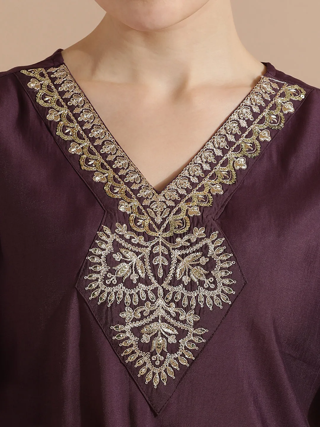 Purple Festive Embroidered Silk Blend Kurta Set With Printed Dupatta