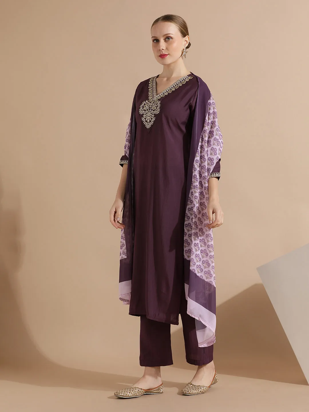 Purple Festive Embroidered Silk Blend Kurta Set With Printed Dupatta