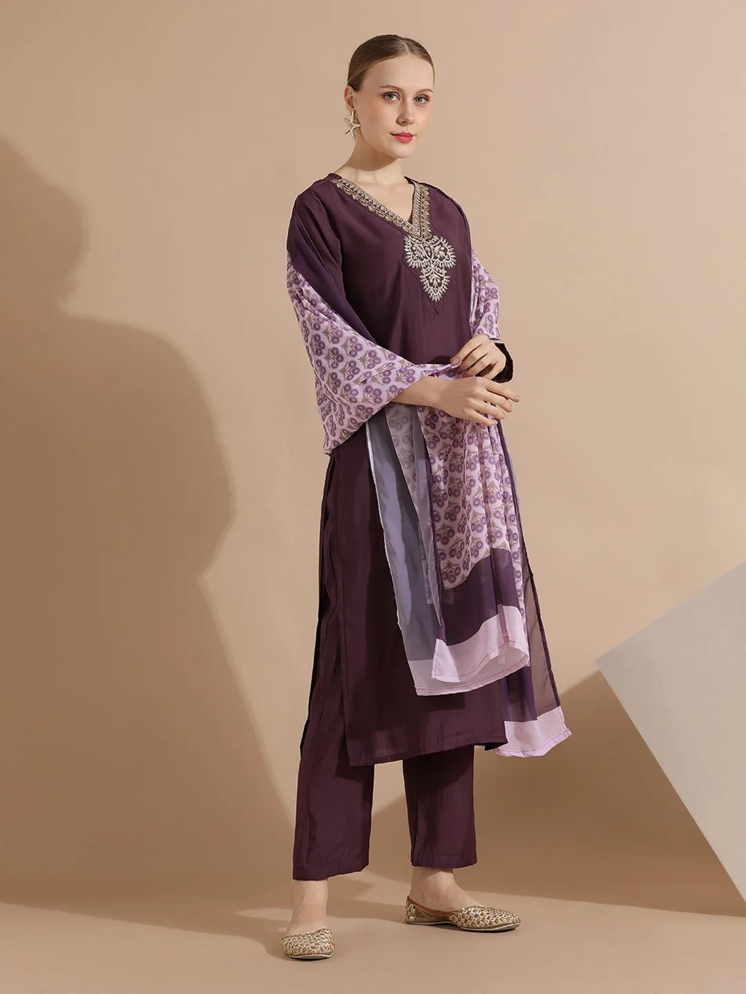 Purple Festive Embroidered Silk Blend Kurta Set With Printed Dupatta
