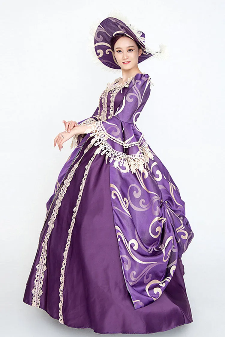Purple Half Sleeves Trumpet Sleeves High Waisted Print Victorian Lolita Prom Dress