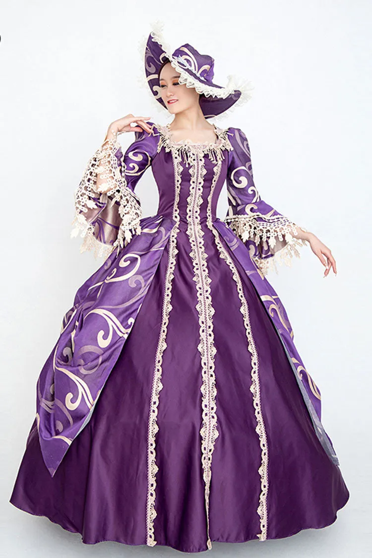 Purple Half Sleeves Trumpet Sleeves High Waisted Print Victorian Lolita Prom Dress