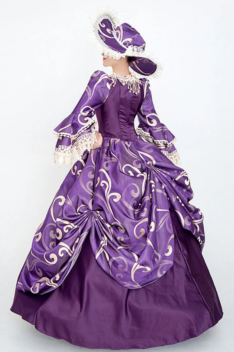 Purple Half Sleeves Trumpet Sleeves High Waisted Print Victorian Lolita Prom Dress