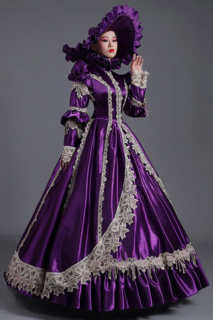 Purple Long Sleeves High Collar High Waisted Cardigan Ruffled Victorian Lolita Prom Dress