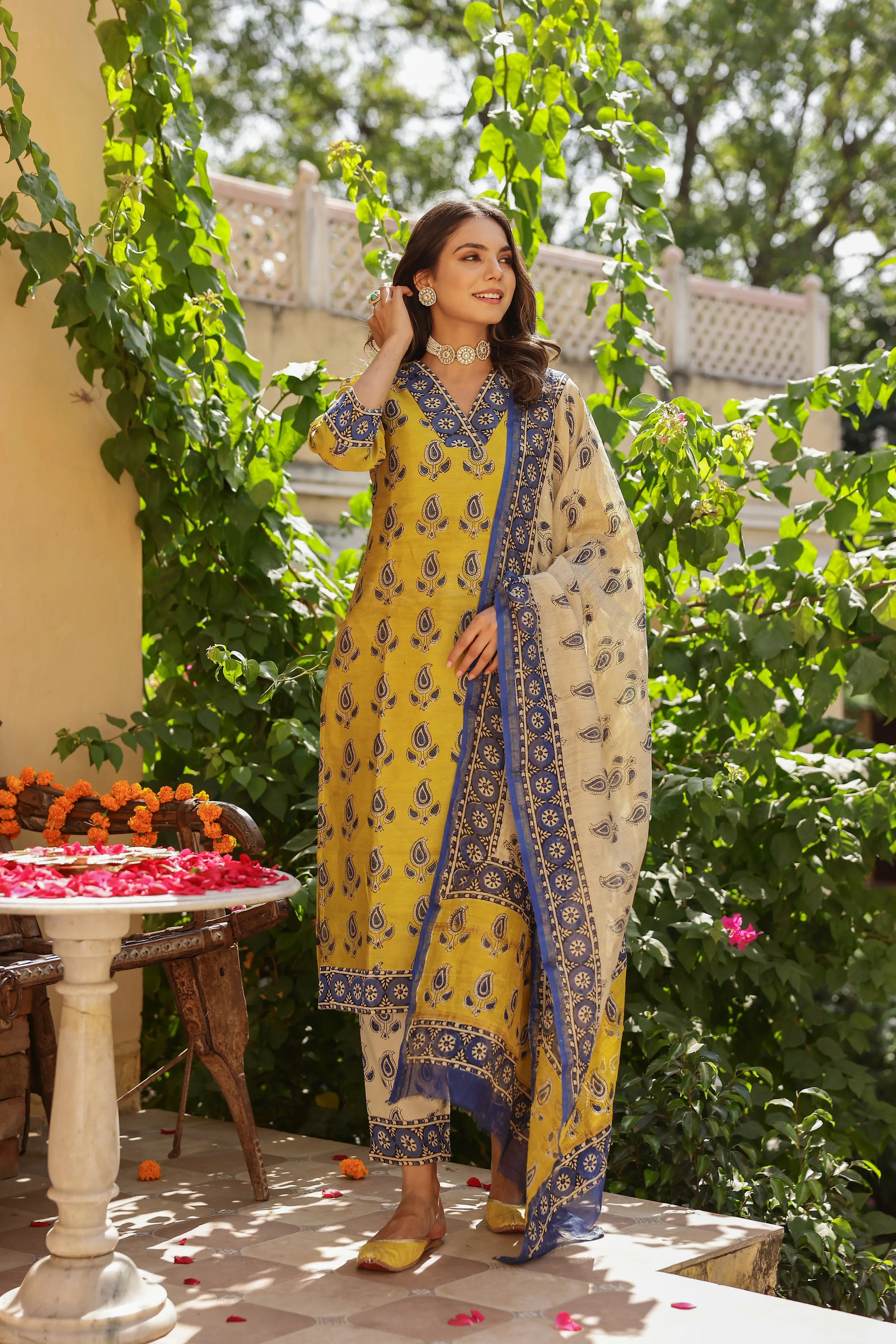 "Jalsa" Bagru Hand Block Printed Chanderi Suit Set(3pc)