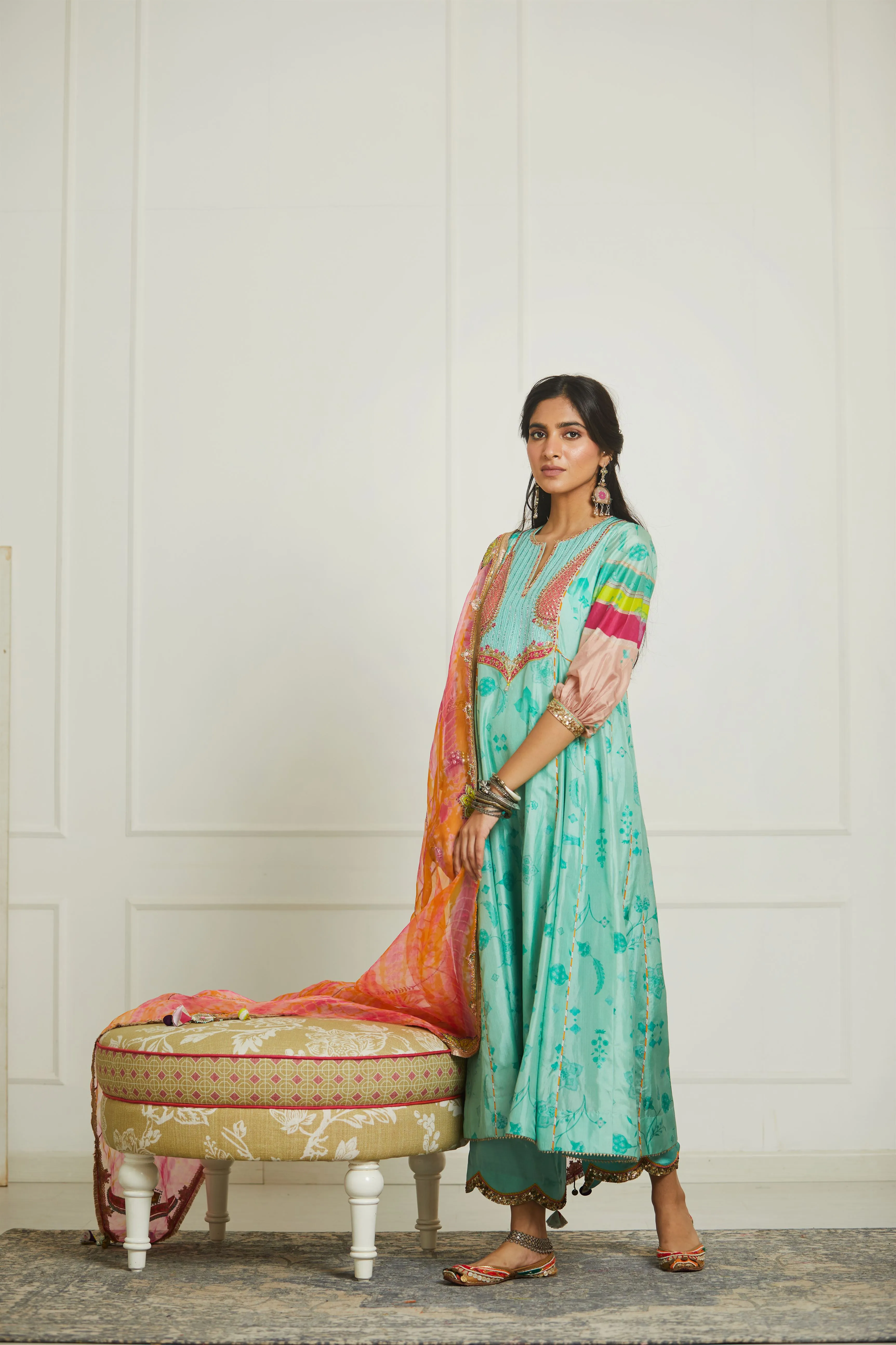 Raji Ramniq Mehezebeen Collection Sea Green Fuchsia Orange Kurta Palazzo Dupatta Mb-111