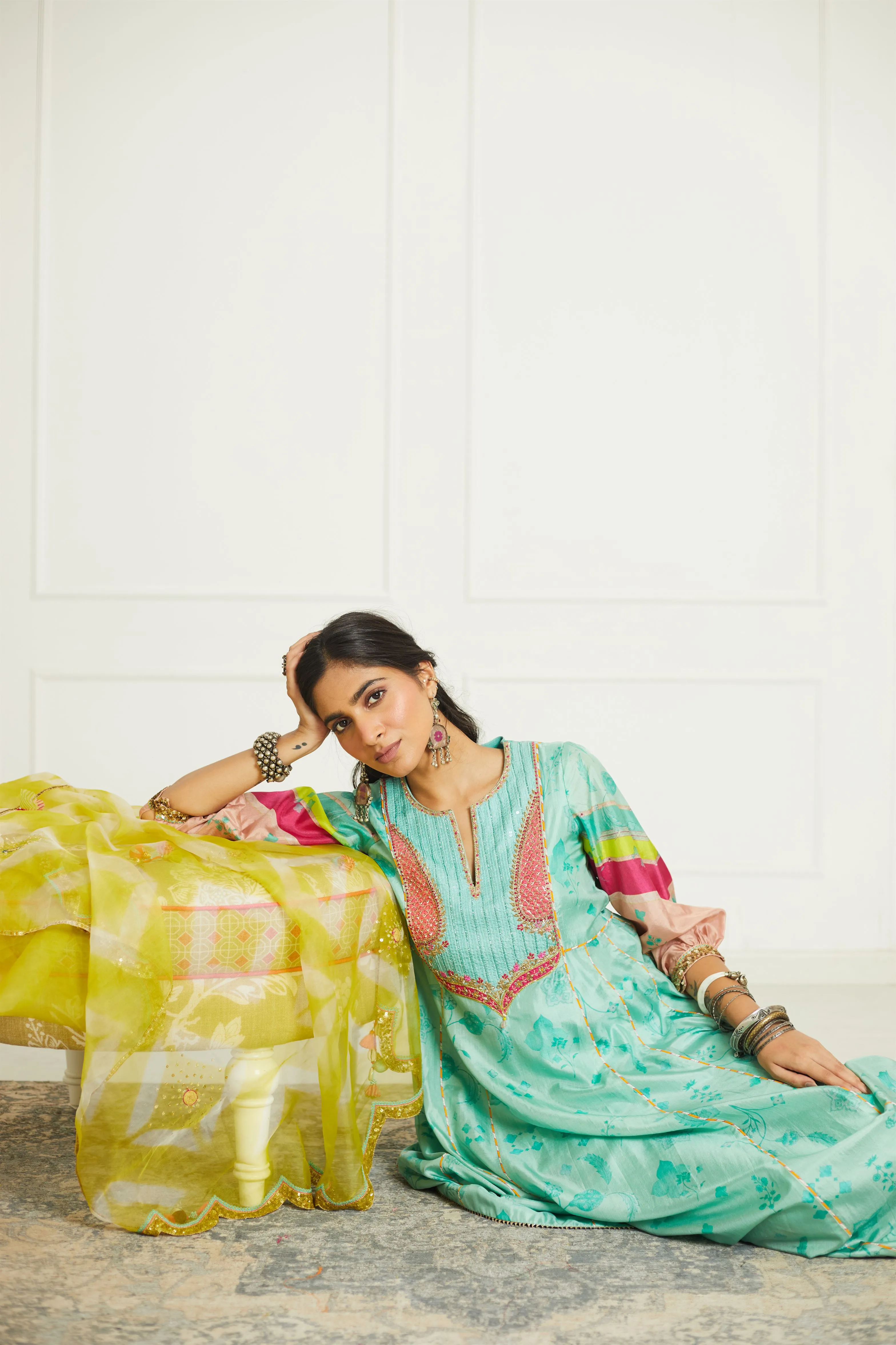 Raji Ramniq Mehezebeen Collection Sea Green Fuchsia Orange Kurta Palazzo Dupatta Mb-111