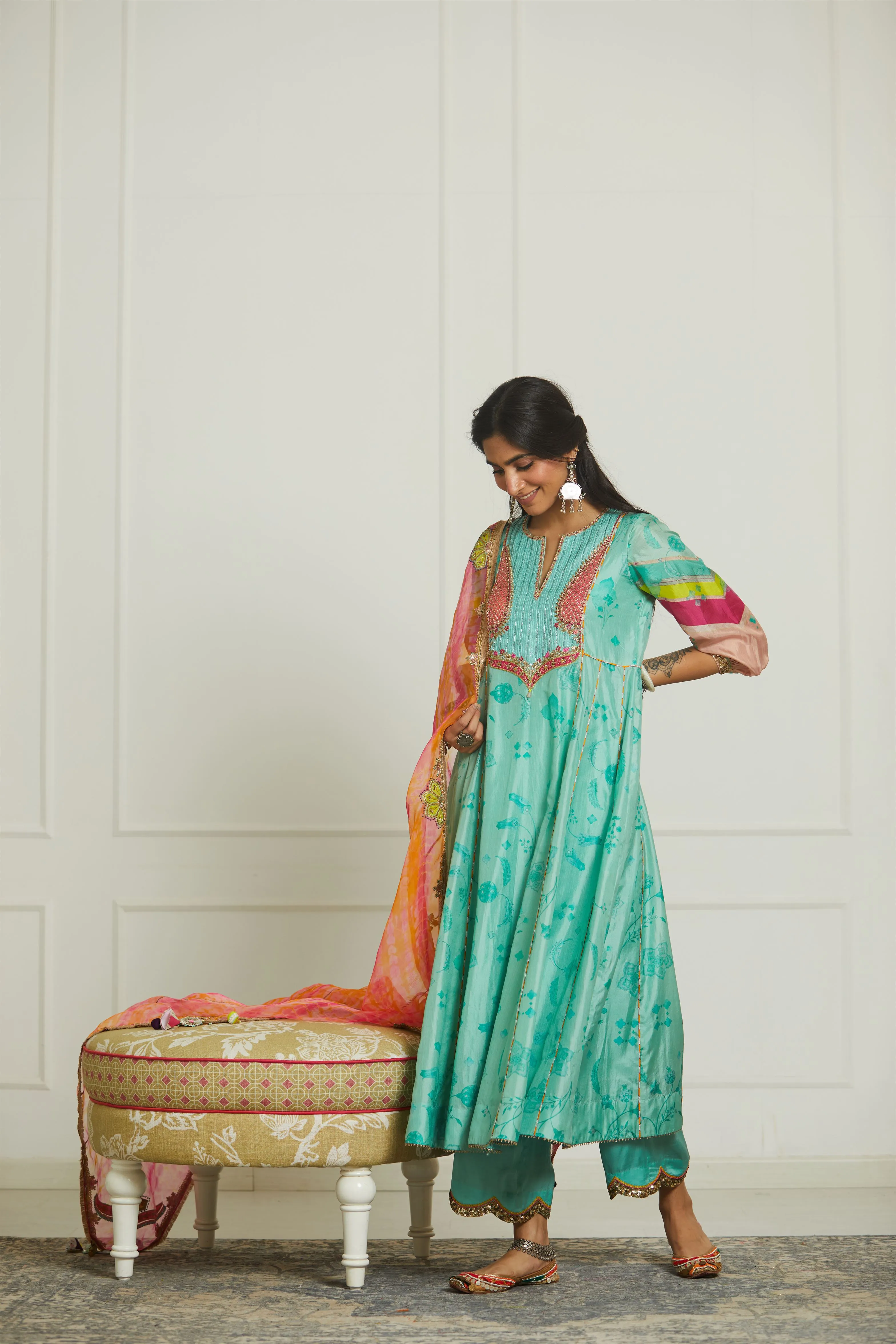 Raji Ramniq Mehezebeen Collection Sea Green Fuchsia Orange Kurta Palazzo Dupatta Mb-111