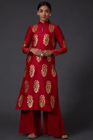 Red & Gold Block Printed Kurta With Palazzo