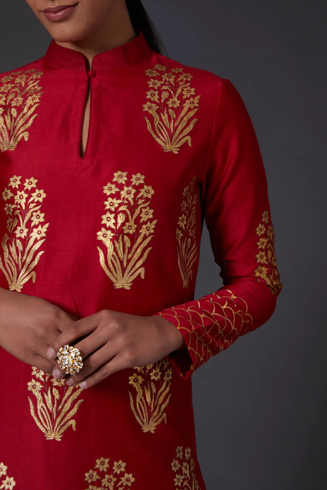 Red & Gold Block Printed Kurta With Palazzo