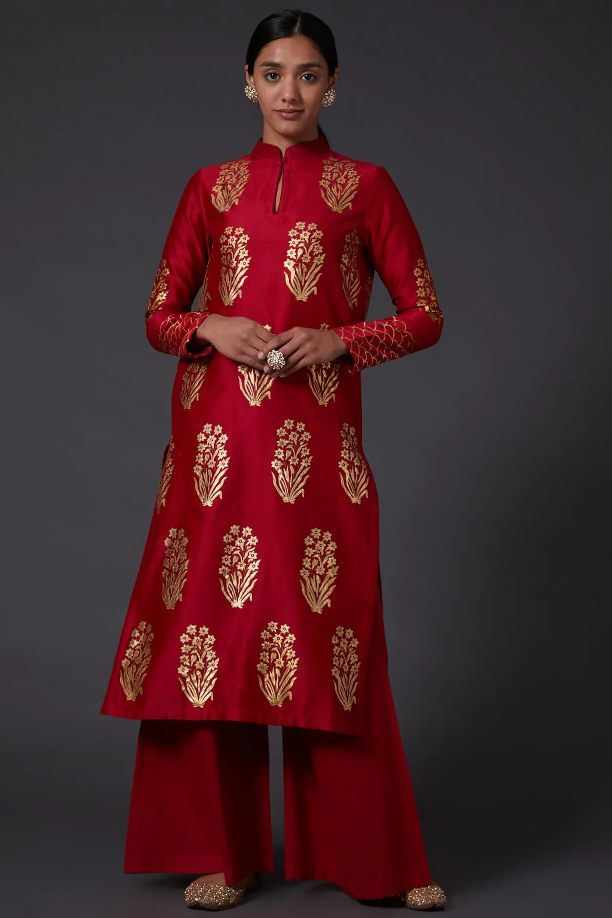 Red & Gold Block Printed Kurta With Palazzo