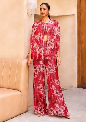 Red floral print cape and pant set