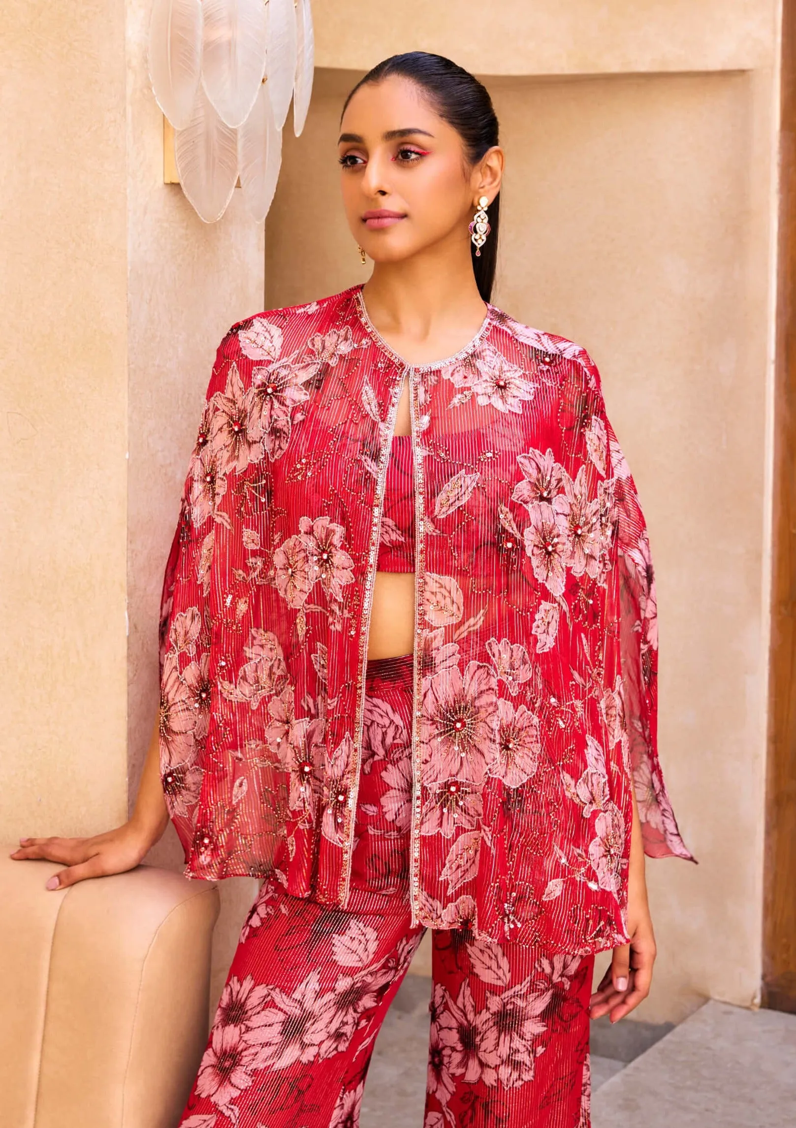 Red floral print cape and pant set