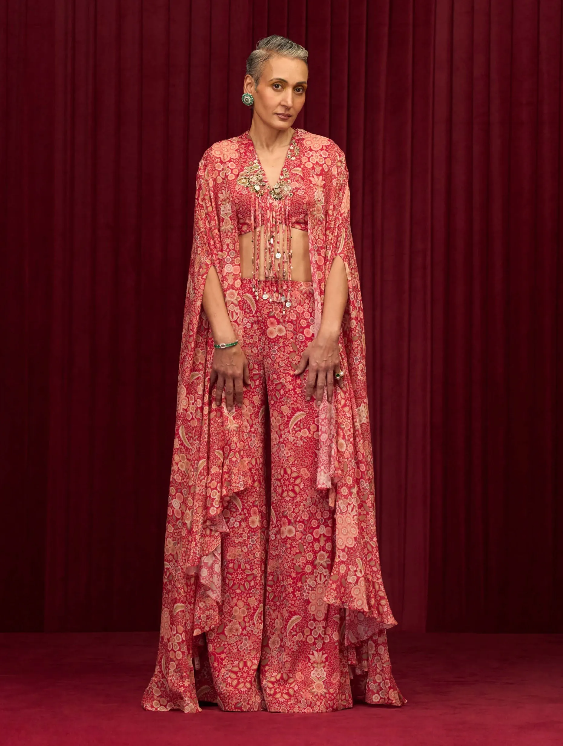 Red printed rhythm cape and palazzo set