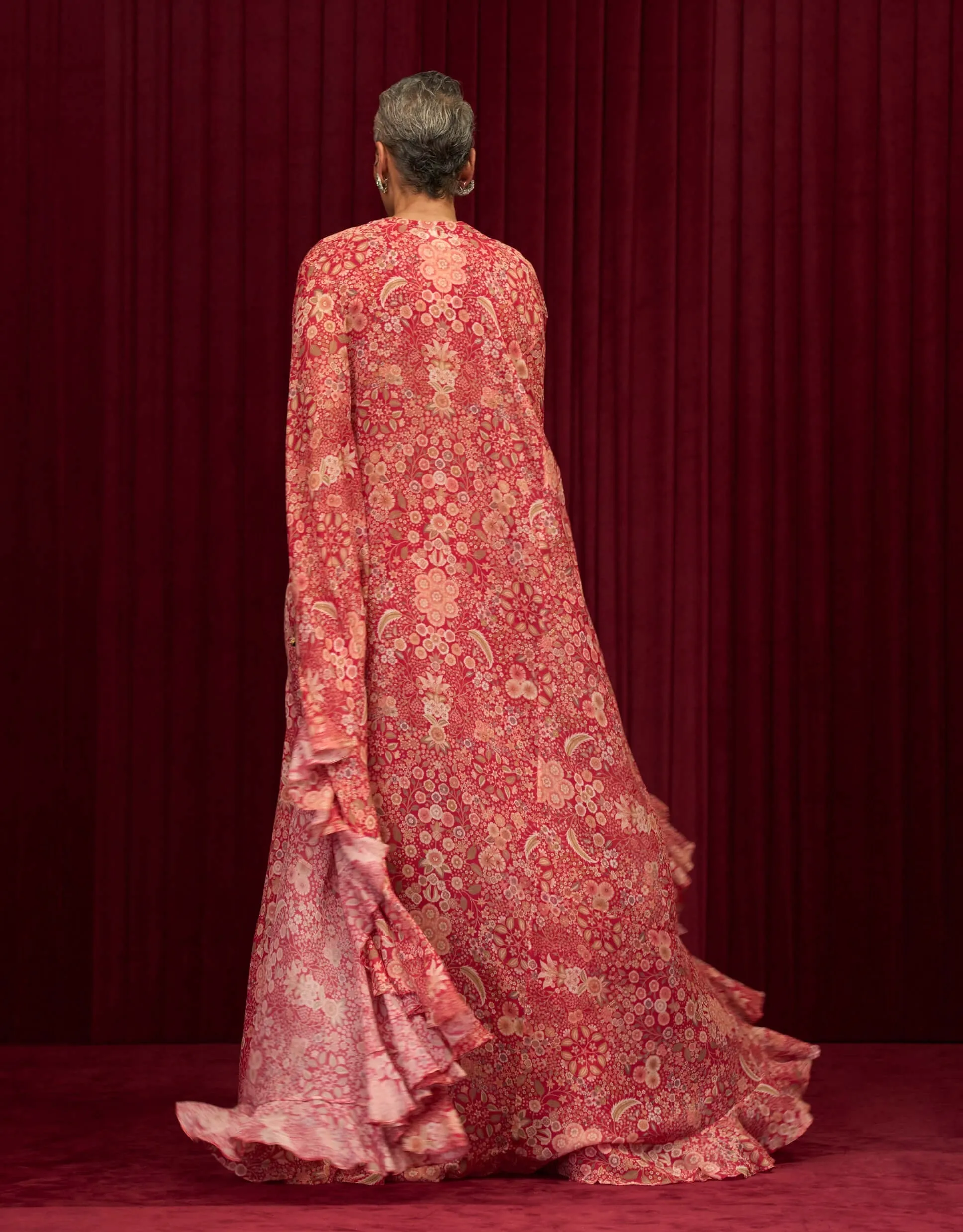 Red printed rhythm cape and palazzo set
