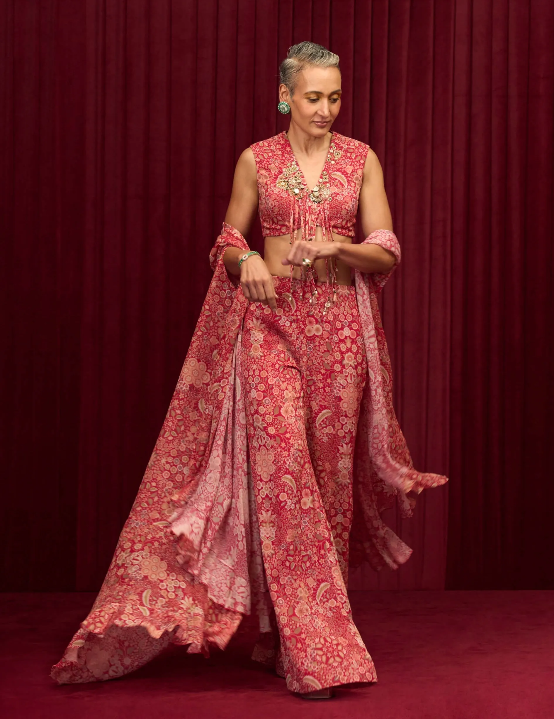 Red printed rhythm cape and palazzo set