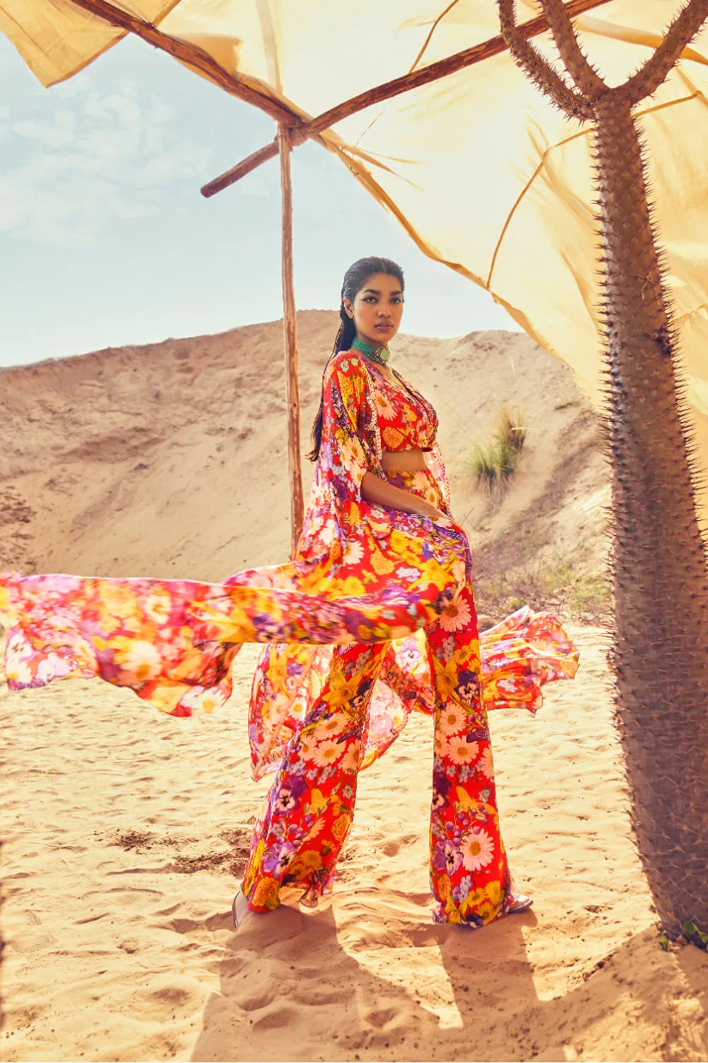 Red Spring Bloom Printed Cut Work Jacket With Embellished Shoulder, Printed Bustier & Pants
