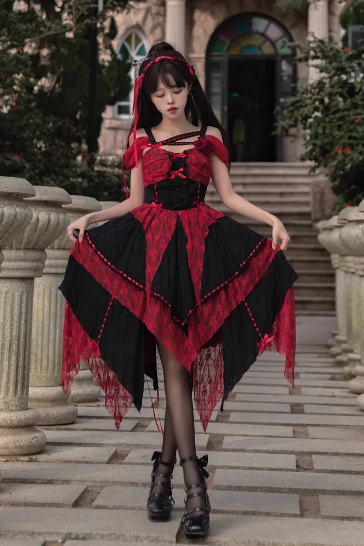 Red/Black Sleeveless High Waisted Print Irregular Gothic Lolita Jsk Dress