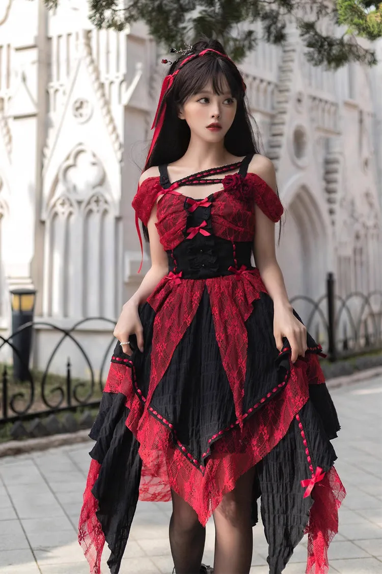 Red/Black Sleeveless High Waisted Print Irregular Gothic Lolita Jsk Dress