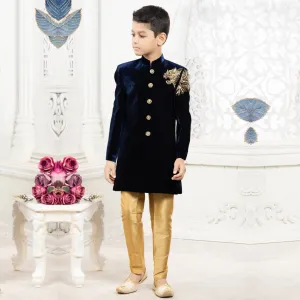 Regal Blue Boys Sherwani with Golden Pyjama