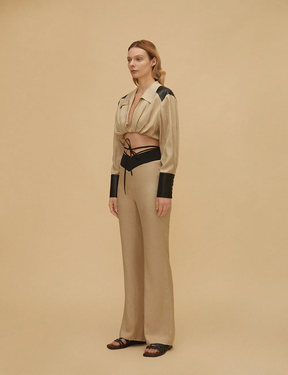 Ribbed Lace-Up Flared Pants