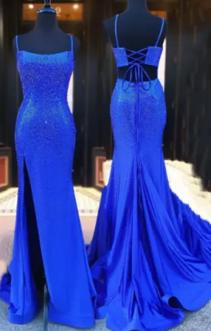 Royal Blue Beaded High Slit Mermaid Prom Dress
