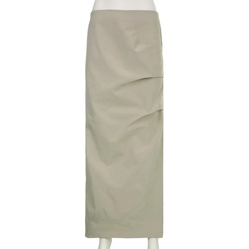 Ruched solid zip-up slit cargo maxi skirt